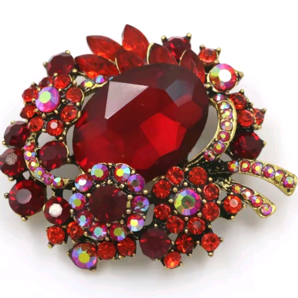 Elegant Bold Goldplated Sparkly Ruby Red CZ Fashion Statement Brooch Pin